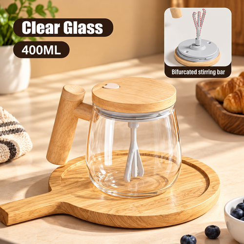 Clear glass 400ml electric mixing mug with wooden lid