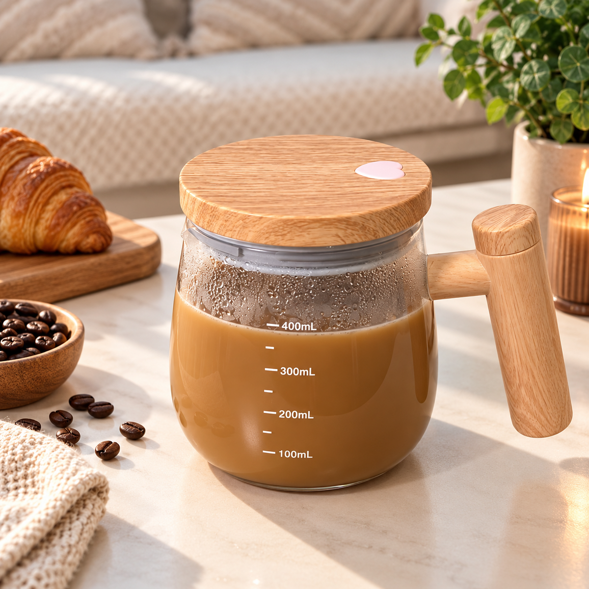 Electric mixing mug with coffee and measurement markings