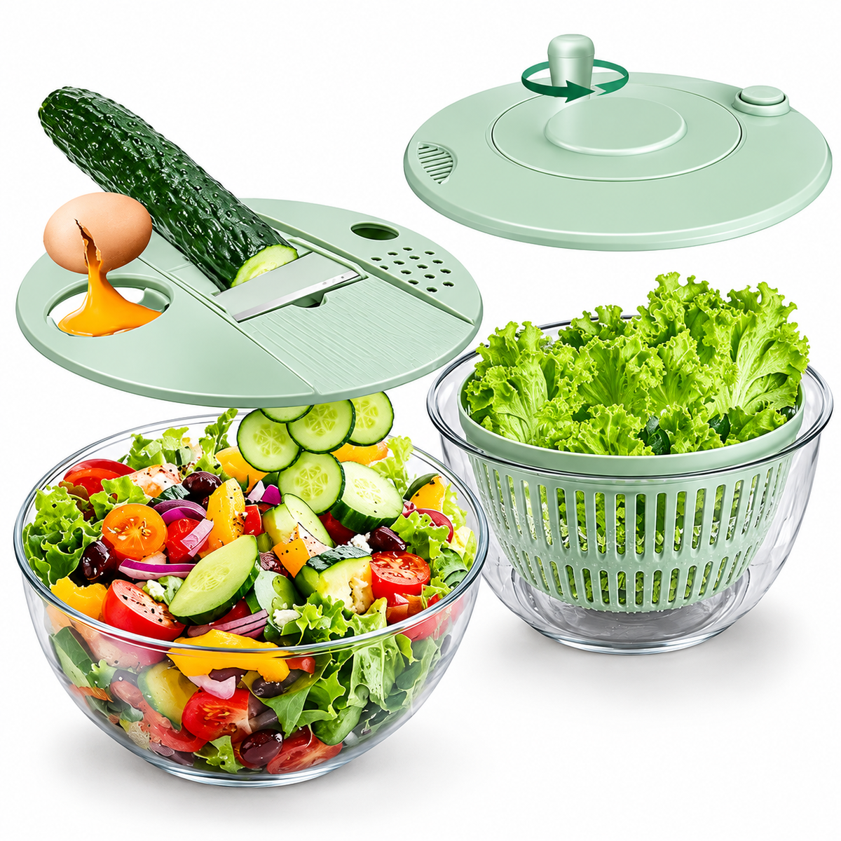 6-in-1 Salad Spinner & Vegetable Slicer – Mint Green