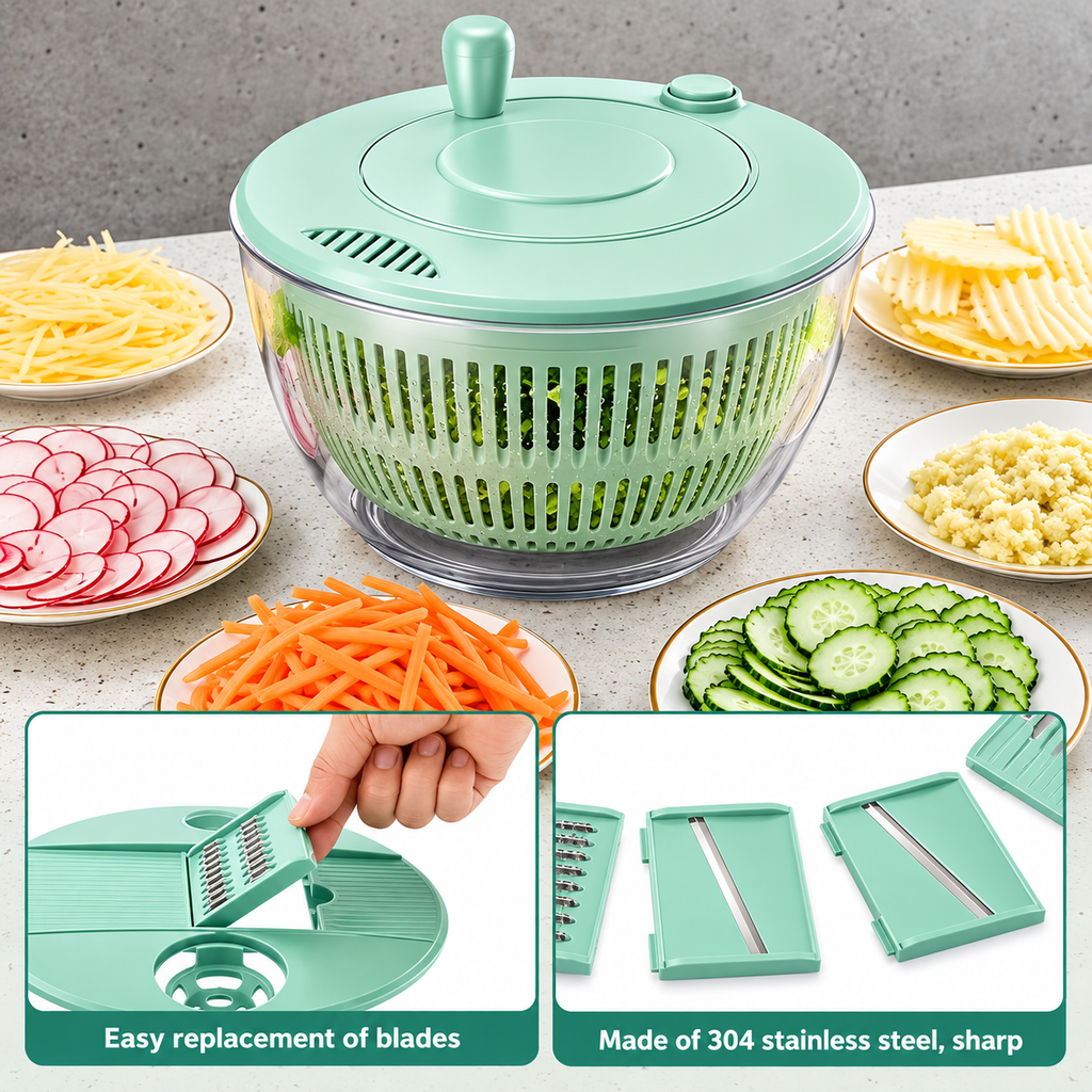 6-in-1 Salad Spinner & Vegetable Slicer – Mint Green
