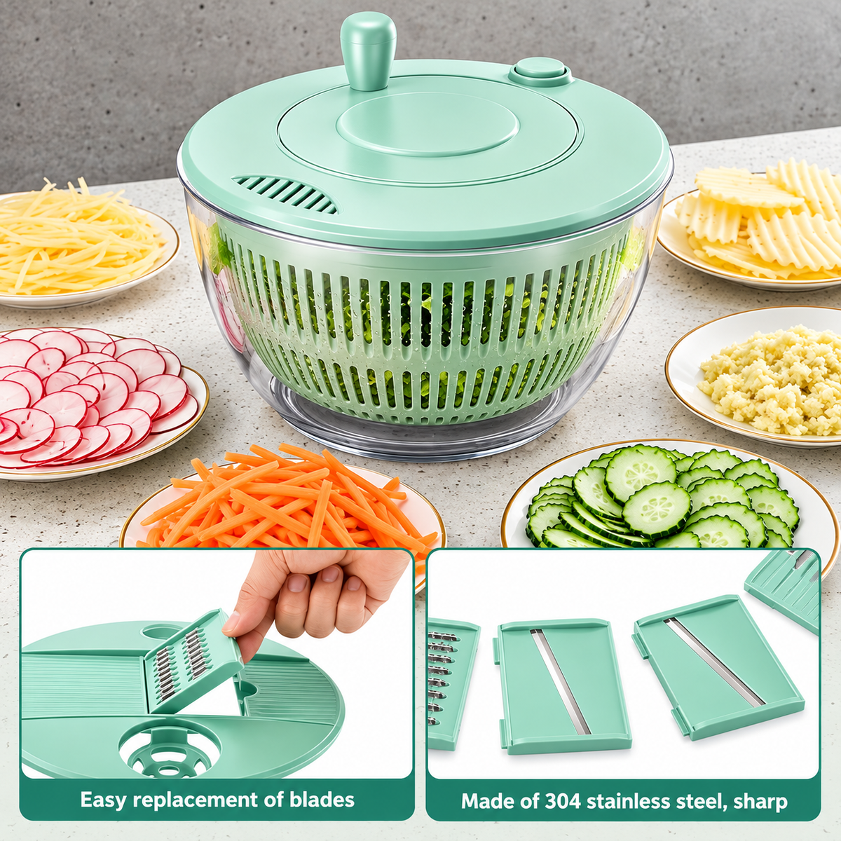 6-in-1 Salad Spinner & Vegetable Slicer – Mint Green