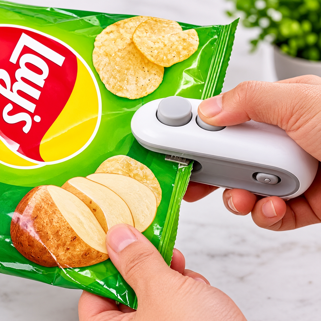Handheld snack bag cutter and sealer in use