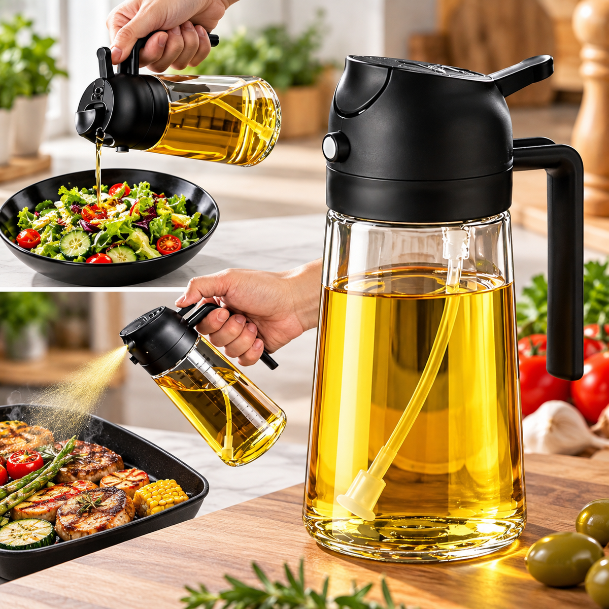 Multifunction oil dispenser being used for pouring and spraying cooking oil