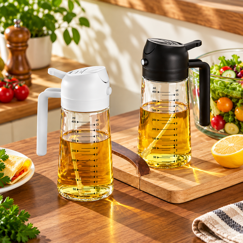 Glass oil dispenser with measuring marks and black pump lid