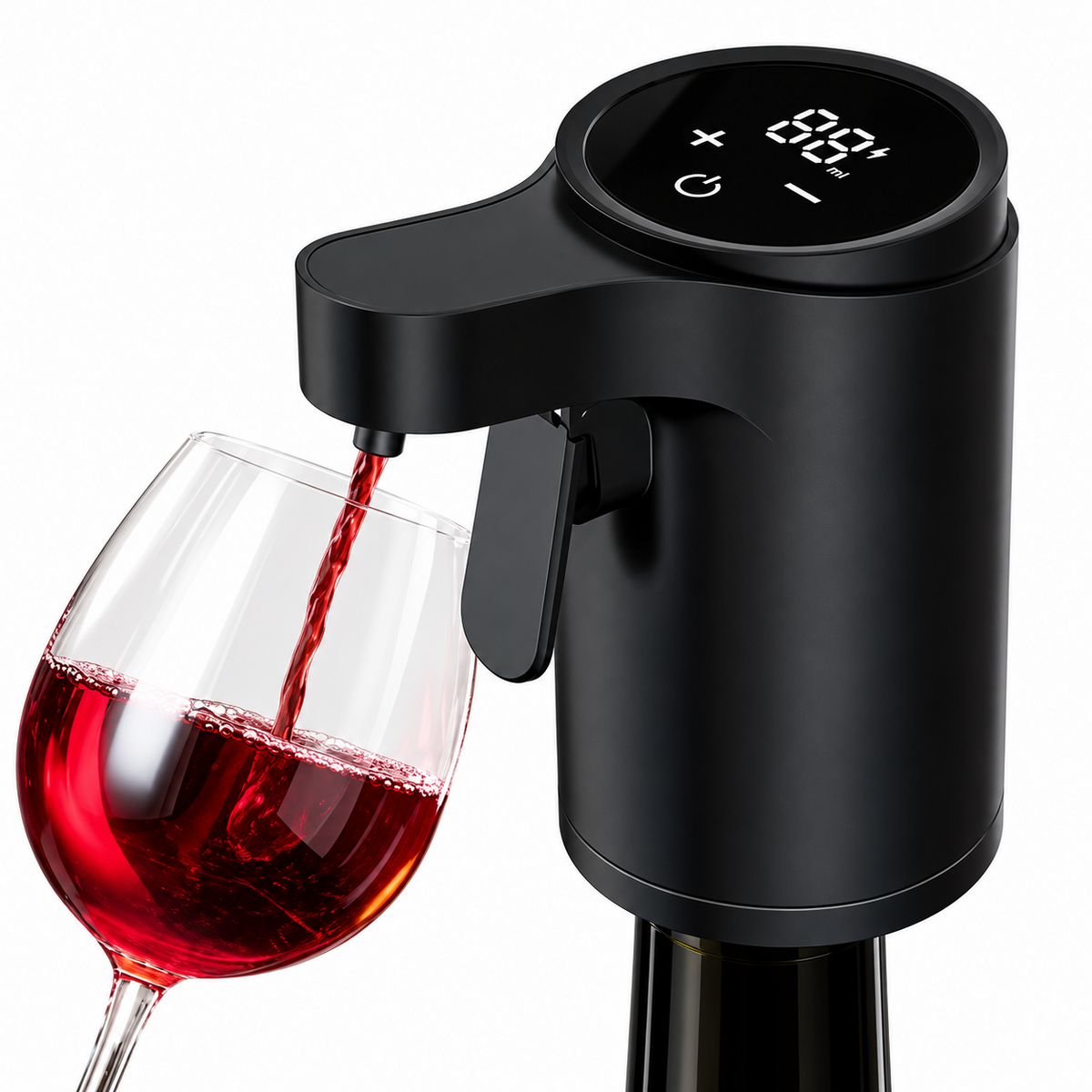 Black wine dispenser pouring red wine into a glass